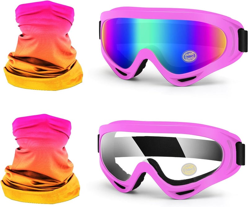 4-FQ Motorcycle Motocross Goggles 2 Pack With Neck Gaiter, ATV Dirt Bike Riding Bike Goggles MX UTV MTB Windproof Glasses UV400 Dustproof for Adult Youth Kids(Pink) - Image 1